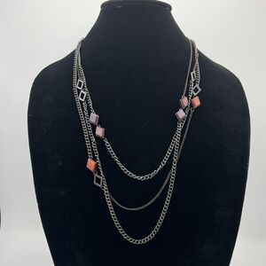 Unbranded Multi-Layer Statement Necklace Gunmetal Tone Pink Orange Geometric Bea